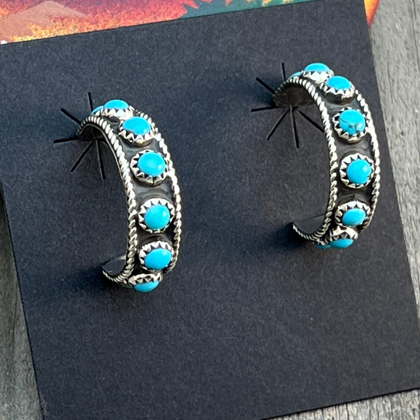 Turquoise snake eye dot 1" hoop earrings sterling silver Falencia Yazzie Navajo 711