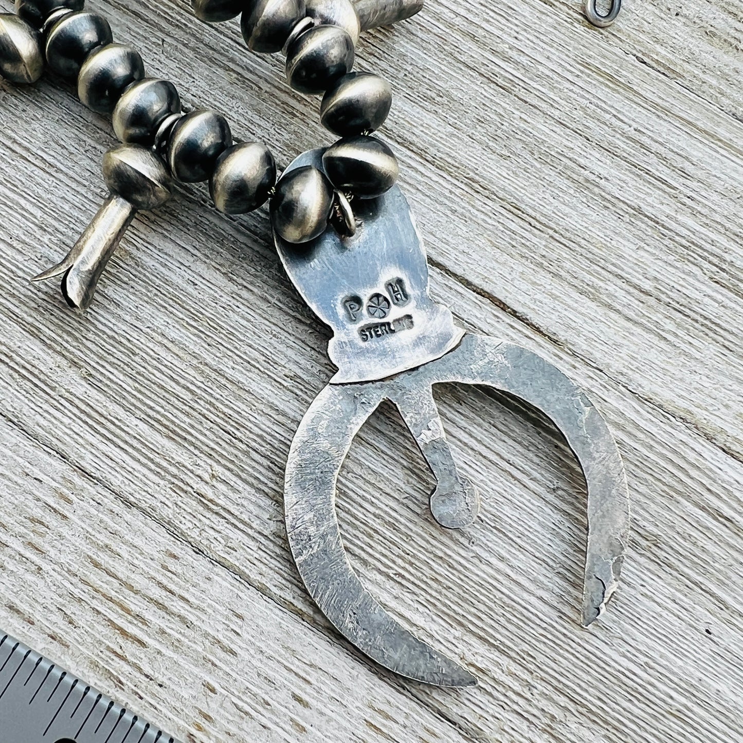 21 1/2" Sterling silver Navajo Squash Blossom necklace Preston Haley signed handmade beads