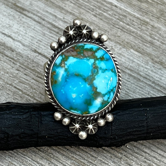 Size 8 Spiderweb Kingman Turquoise Ring Navajo handmade Samuel Yellowhair