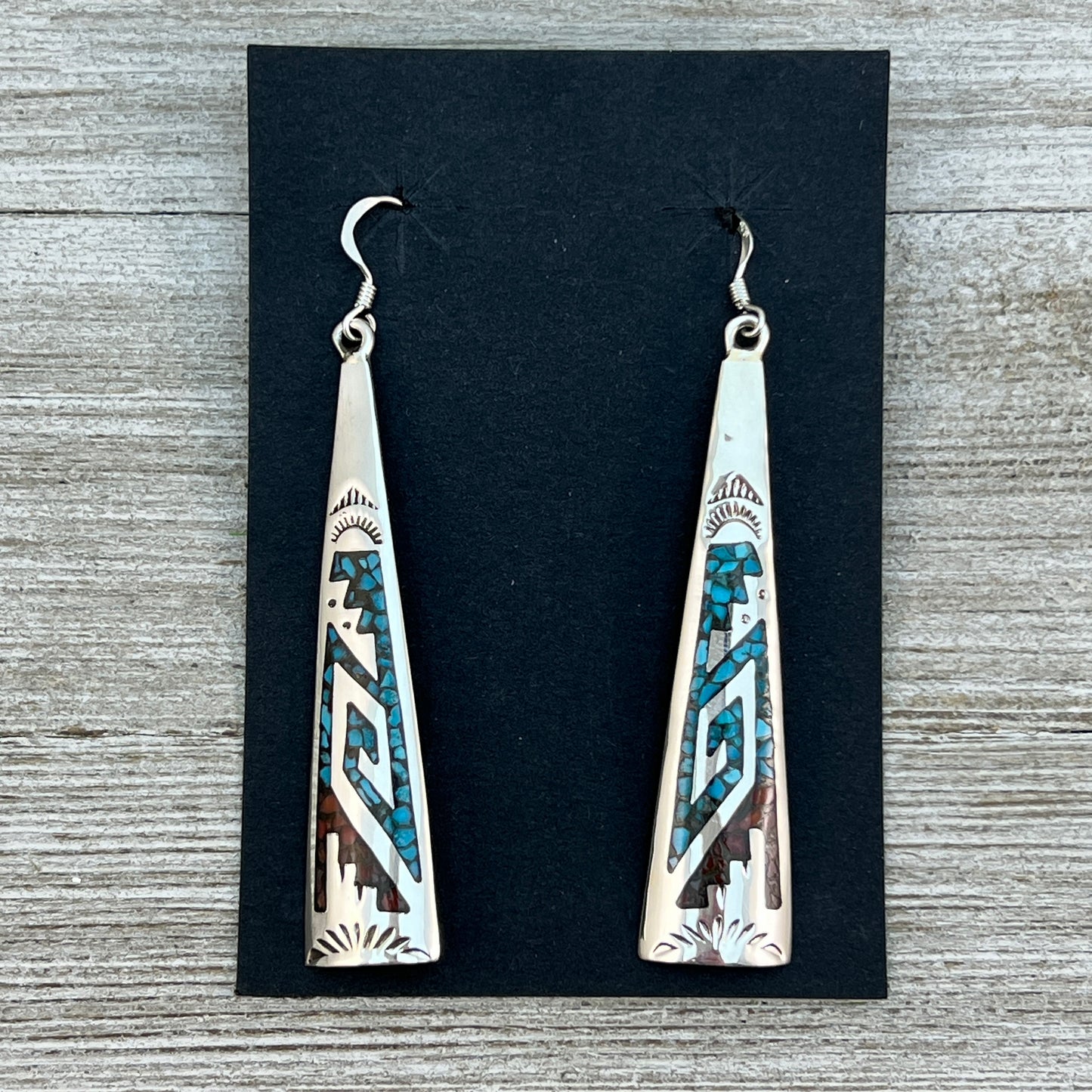 Long Dangle Turquoise coral chip inlay earrings #3, Navajo handmade, signed Jolene Yazzie
