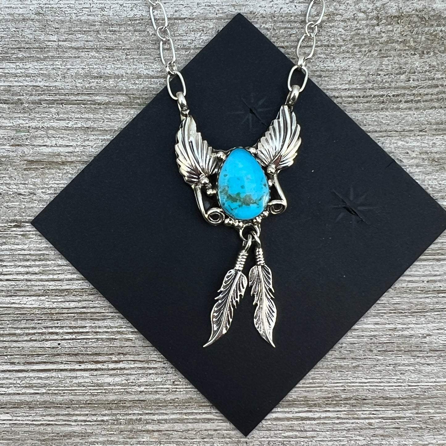 18" Blue Kingman turquoise feather necklace #1, sterling silver, Navajo handmade by Sadie Jim