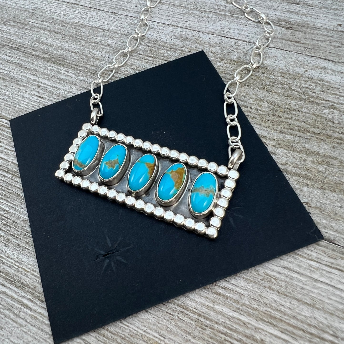 18" Blue Campitos turquoise rectangle bar necklace #2, Navajo handmade, sterling silver