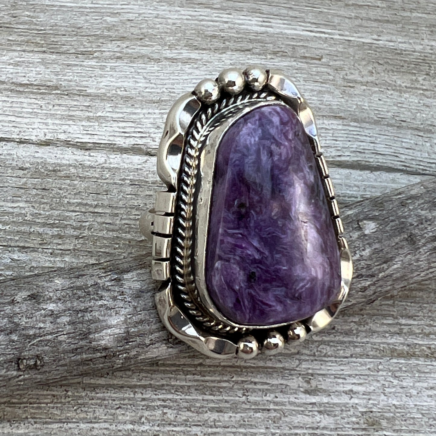 Size 6 Charoite sterling silver handmade ring #6, Navajo Samuel Yellowhair