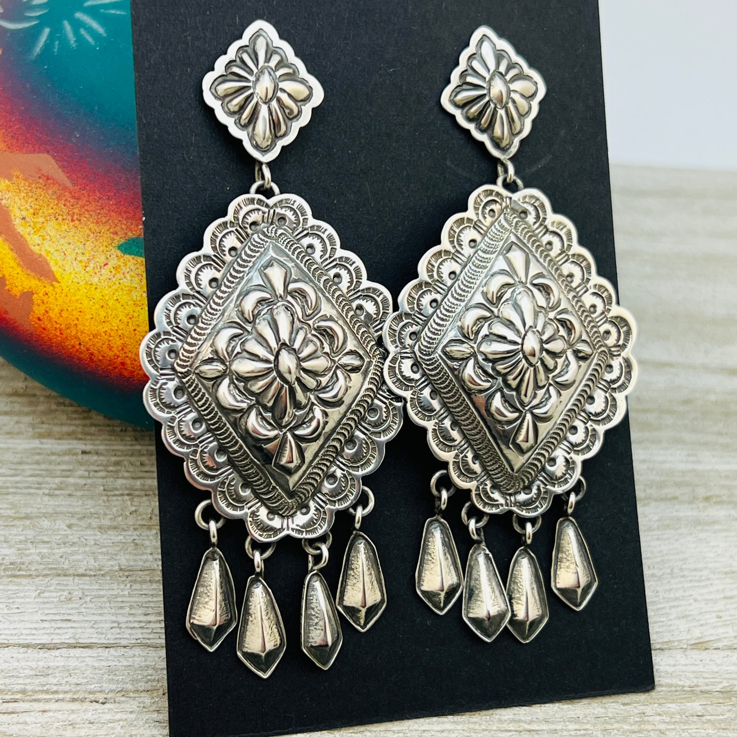 Large Stamped Concho earrings sterling silver Terry Charlie Navajo handmade ER30