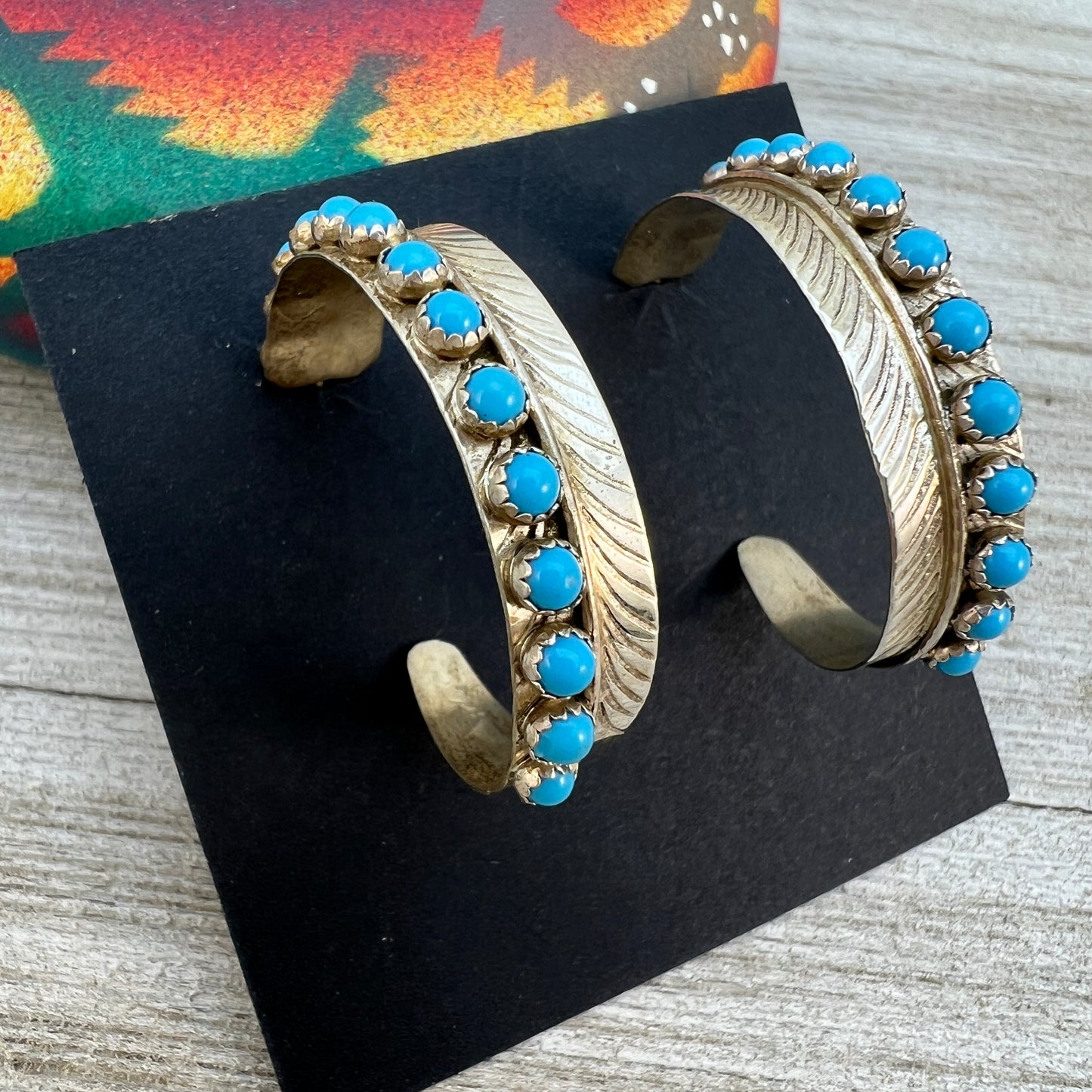 Blue Turquoise Dot, Snake Eye, Navajo feather hoop earrings, Sterling silver