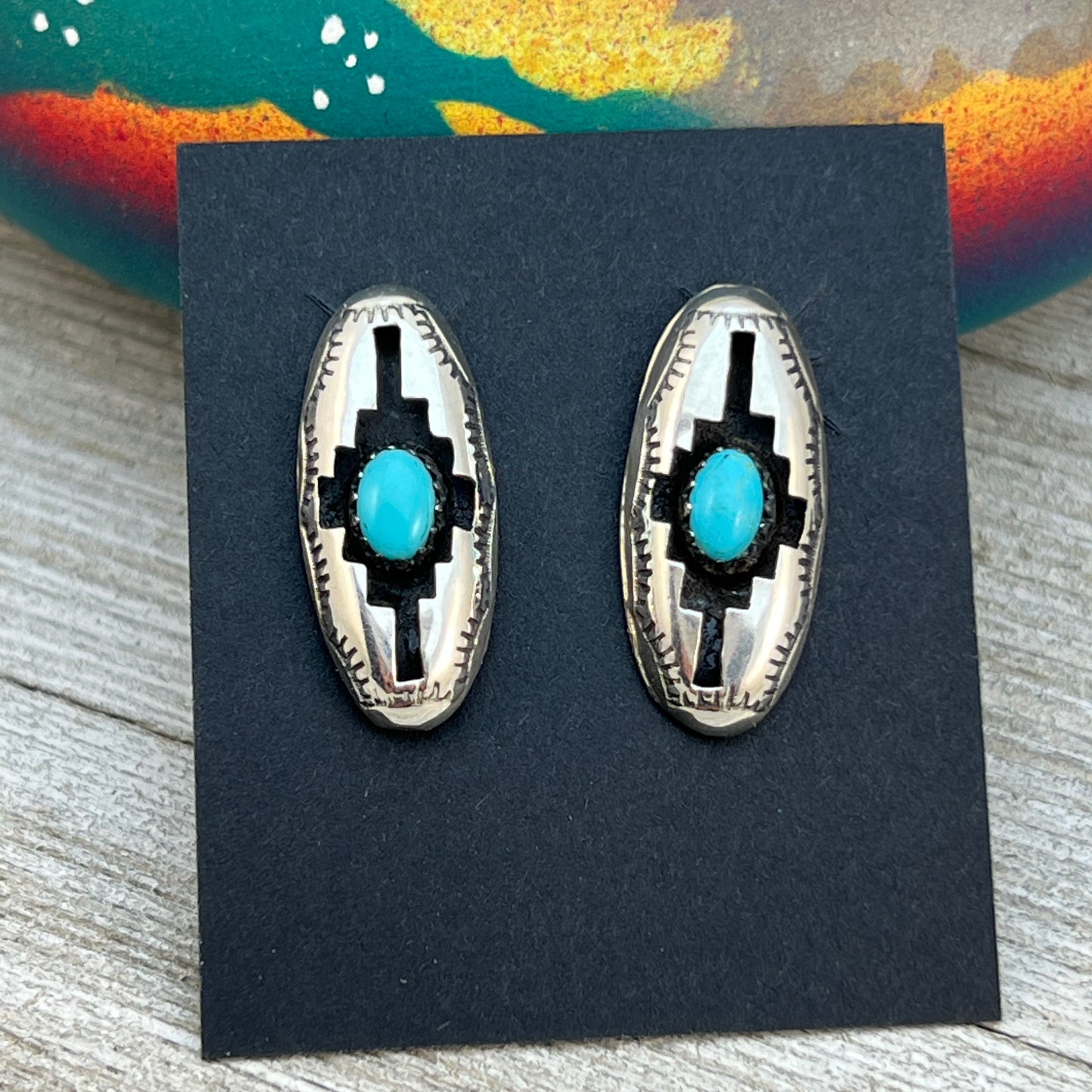 Small oval concho shadowbox post stud earrings, sterling silver turquoise Felix Perry