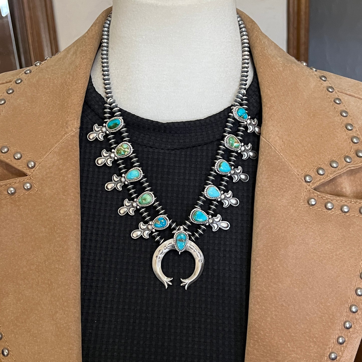 Sonoran Green Turquoise Small Squash Blossom Necklace Adrienne Gordon Navajo 514