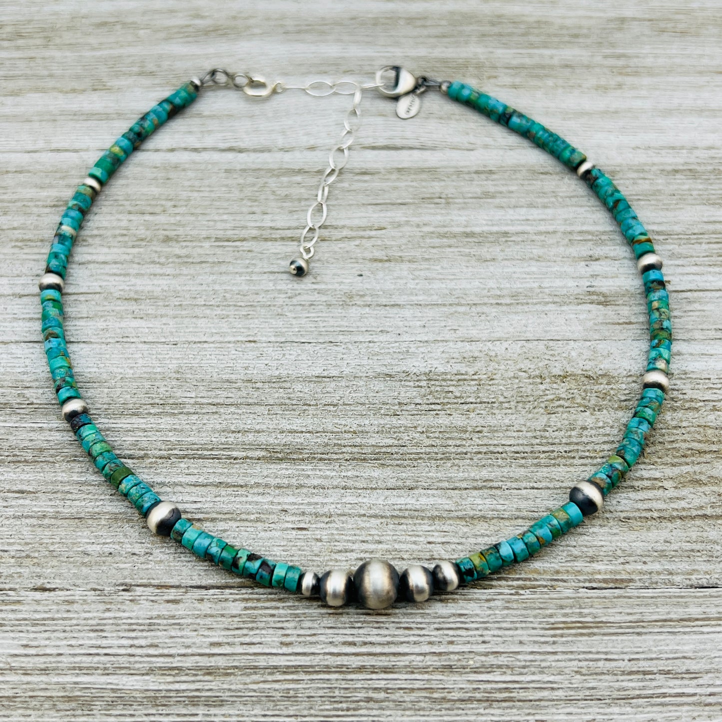 13" 14" 15" 16" 17" adjustable choker, Real Sterling Silver, oxidized, Turquoise Bead Necklace, Western Boho Pearl