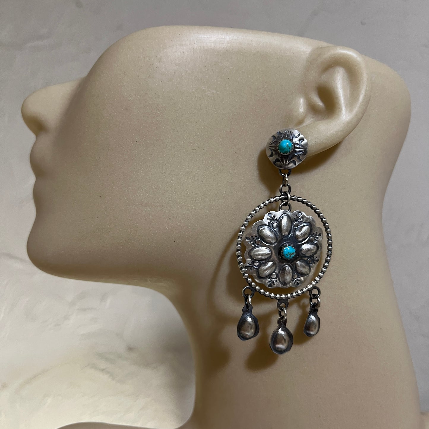 Long Dangle Concho earrings #2, sterling silver turquoise Gabrielle Yazzie signed