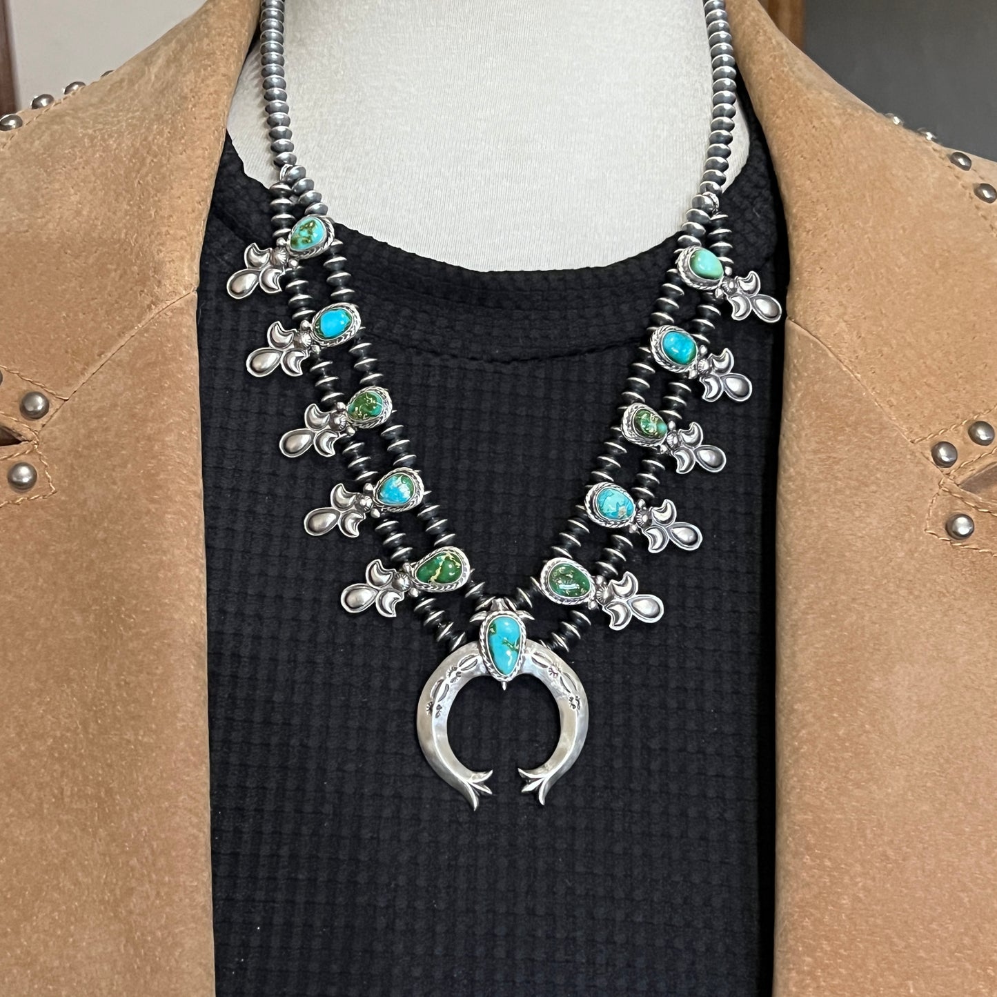 Sonoran Green Turquoise Small Squash Blossom Necklace Adrienne Gordon Navajo 515