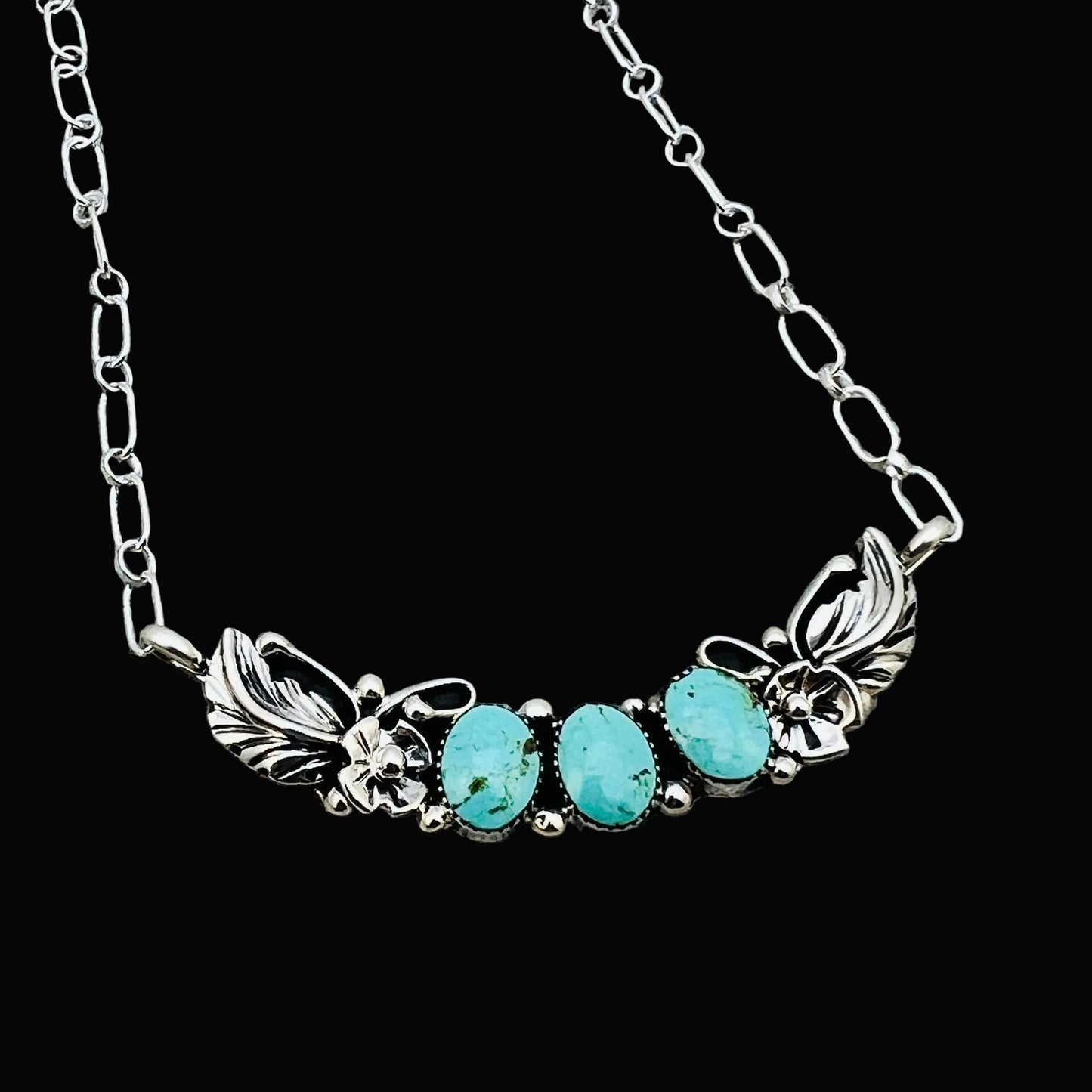 20 1/2" adjustable Blue Campitos 3 stone floral bar necklace Sterling Silver NK24