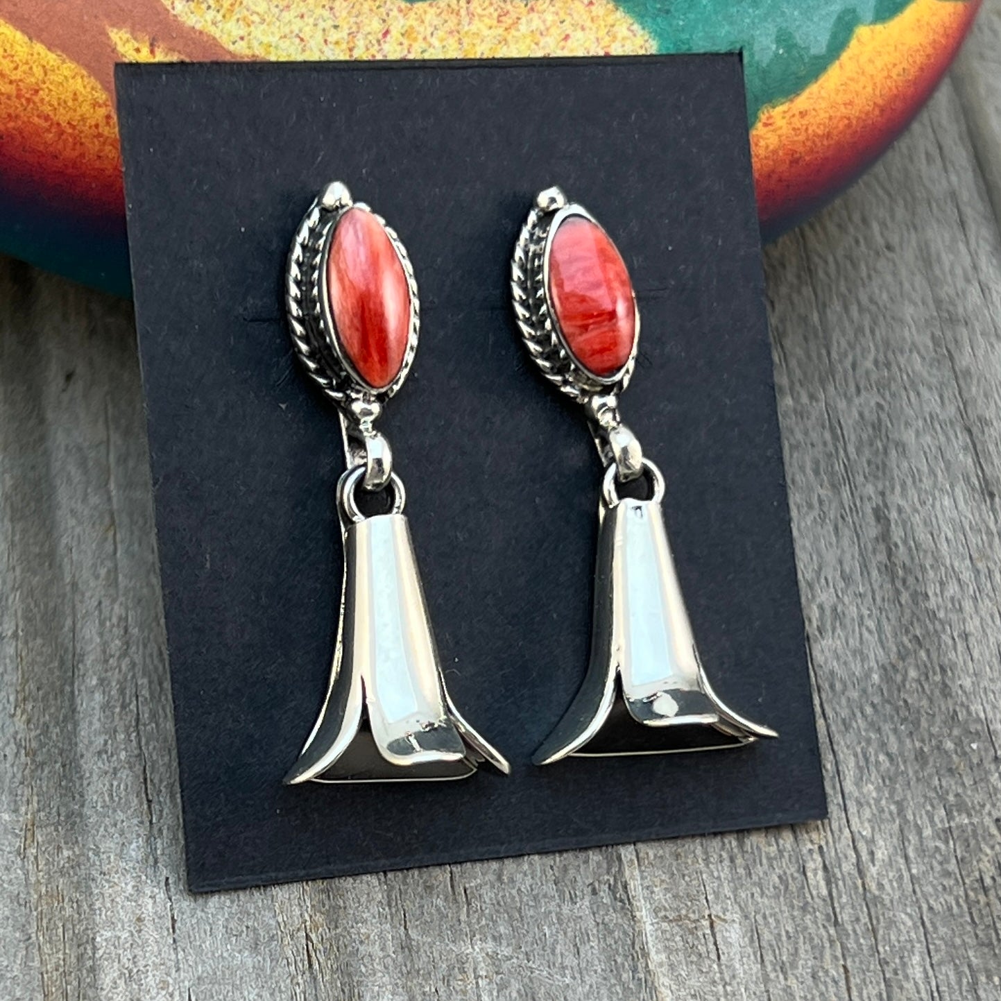 Orange Spiny Squash Blossom dangle earrings sterling silver turquoise Sheena Jack 700