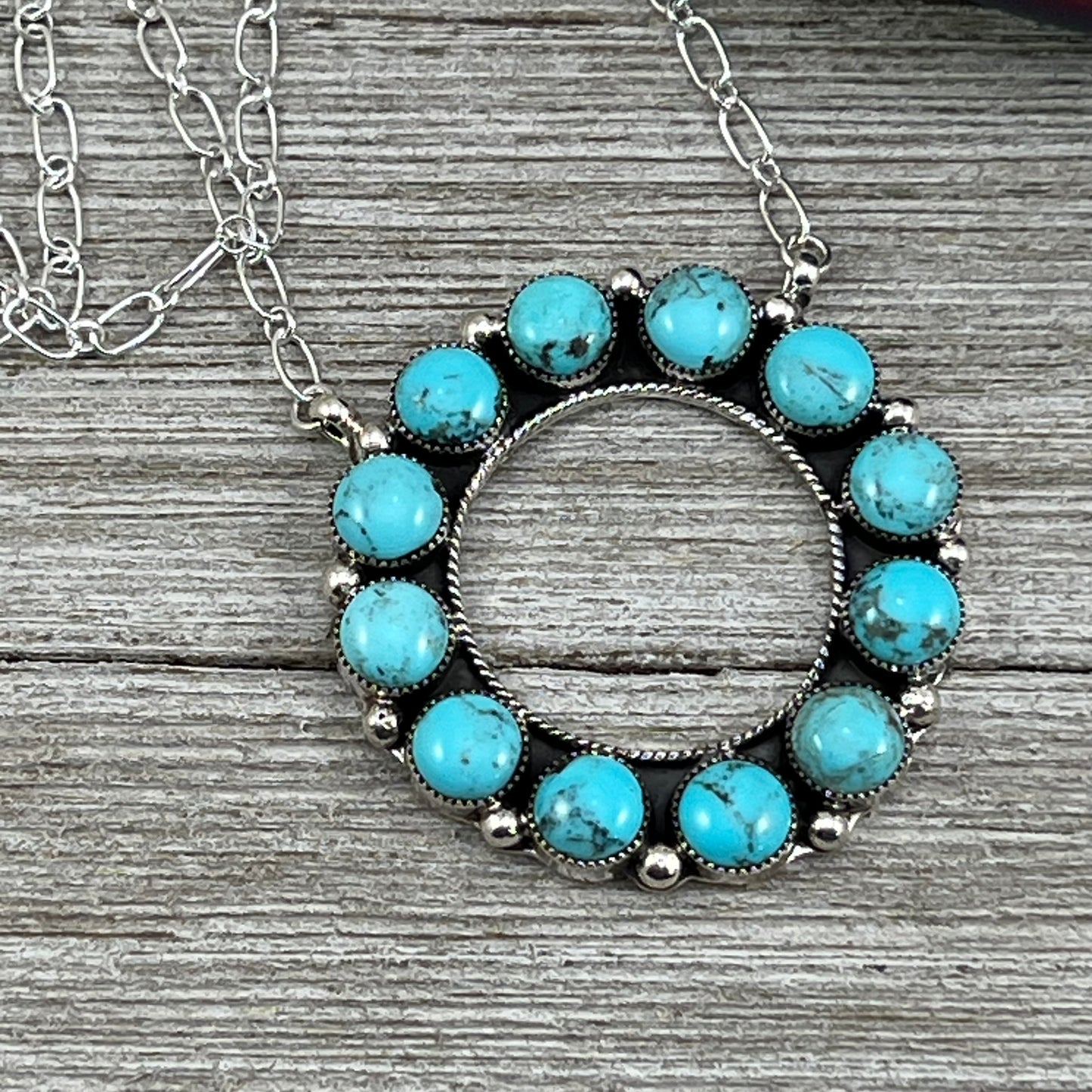 Kingman turquoise eternity open circle multi stone necklace 21", Navajo handmade Loretta Delgarito, sterling silver