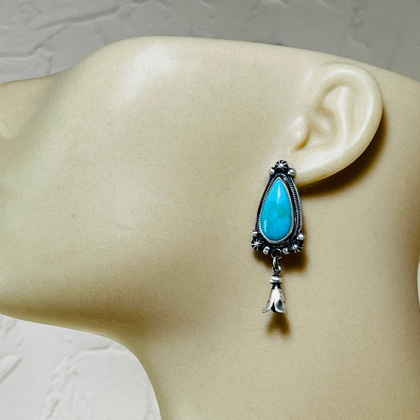 Sonoran Turquoise Navajo Squash Blossom Earrings Bobby Johnson signed Sterling silver ER4