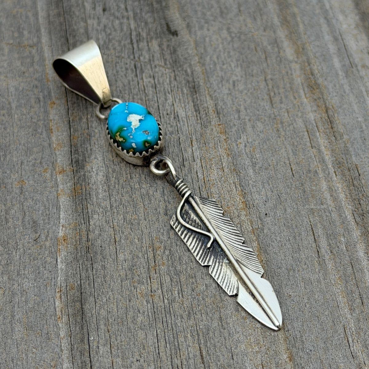 Blue Sonoran Gold Turquoise sterling silver Feather Pendant Chris Charley Navajo PD5
