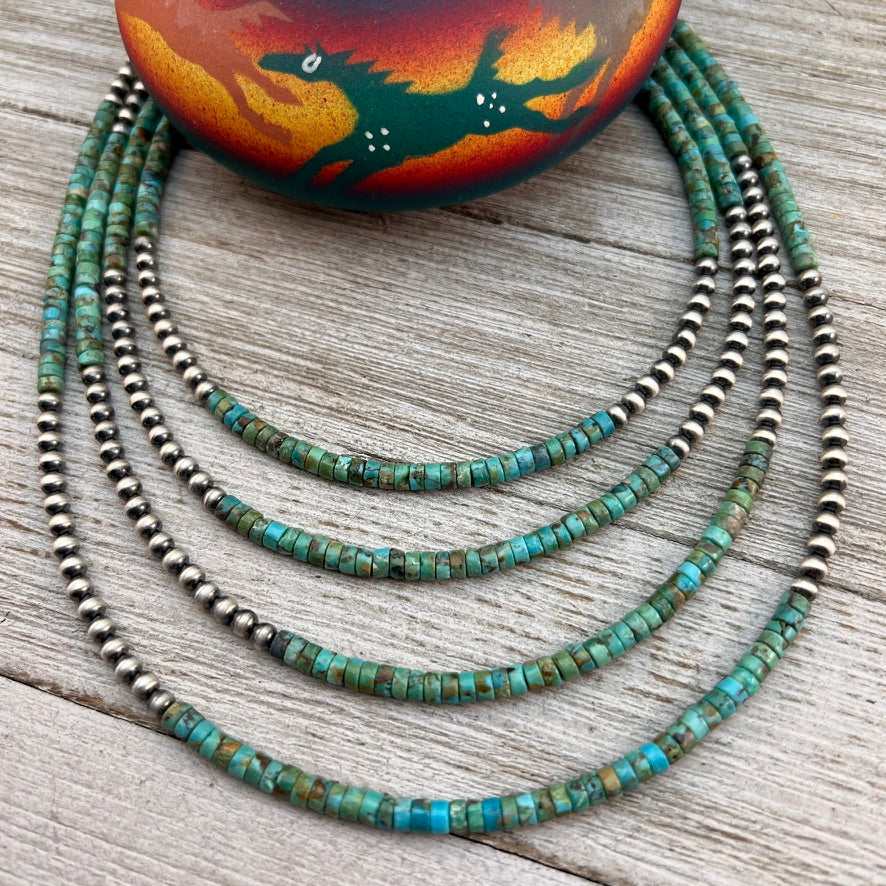 4mm Kingman Turquoise Heishi Necklace with Sterling silver Oxidized Pearls, Southwest Western Jewelry