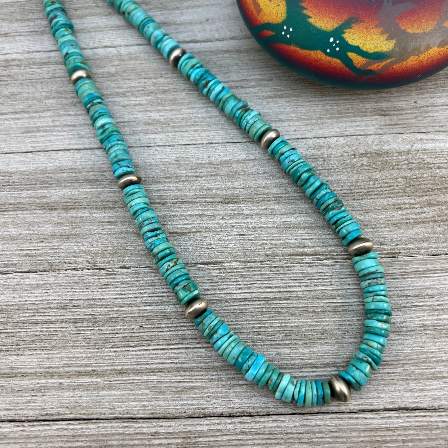 18 1/2" turquoise bead necklace with sterling silver handmade Navajo pearl beads