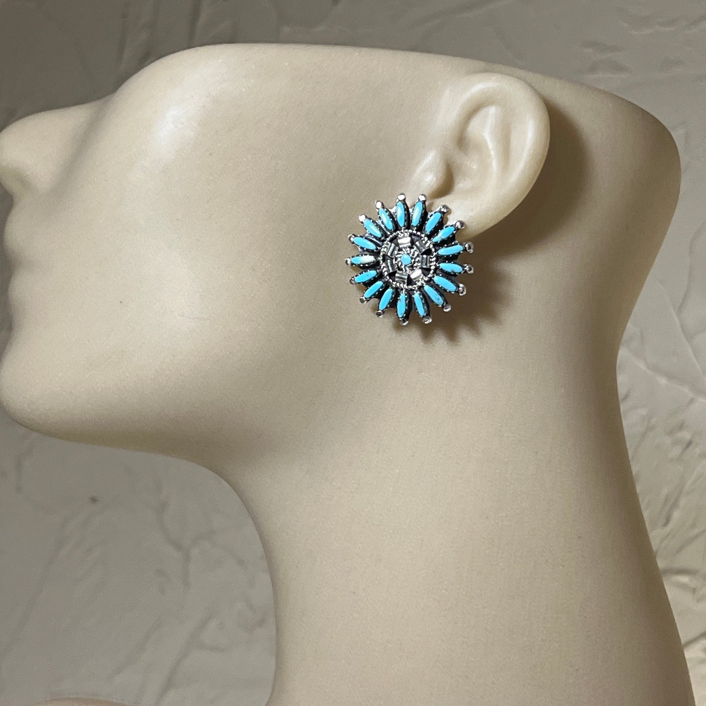 Sterling silver Needlepoint turquoise cluster round earrings signed Nathaniel Nez 683
