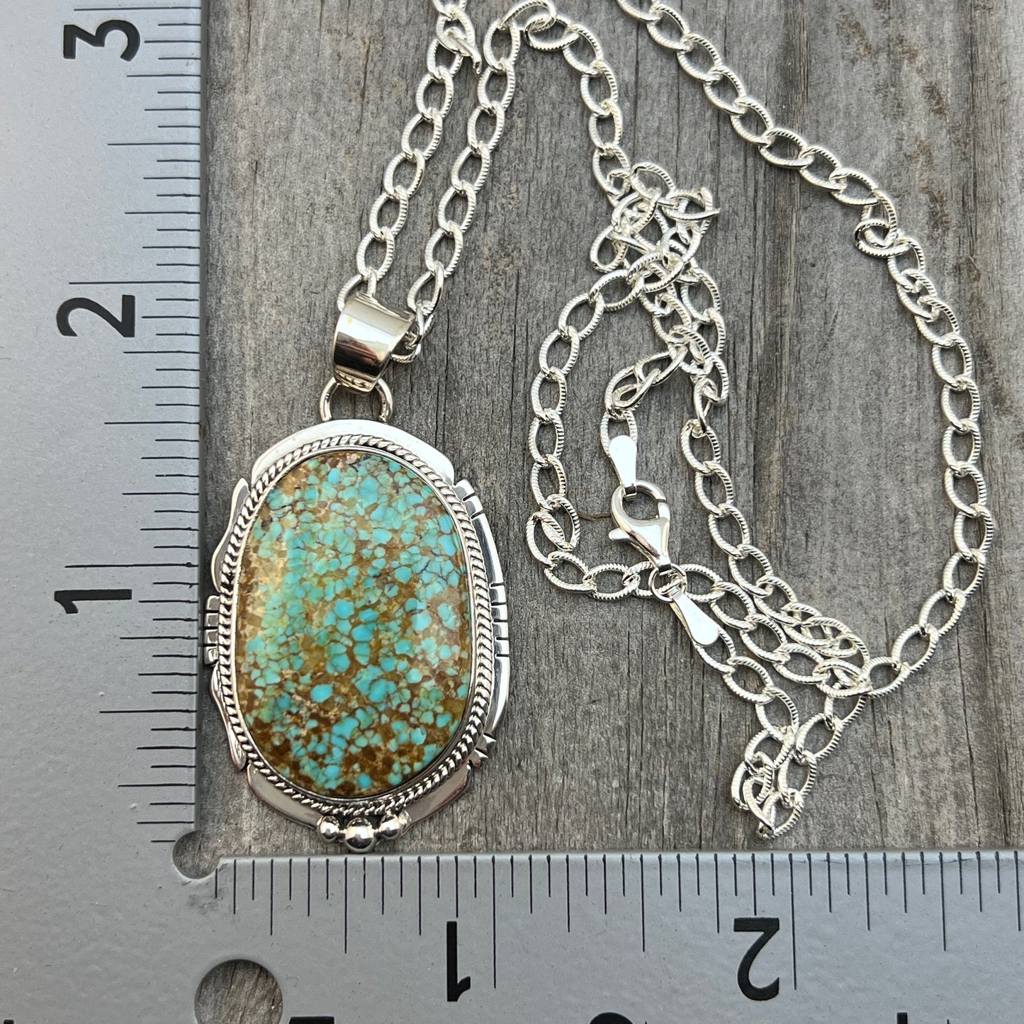 18" Sterling silver #8 Spiderweb turquoise necklace pendant Lucy Valencia Navajo 624