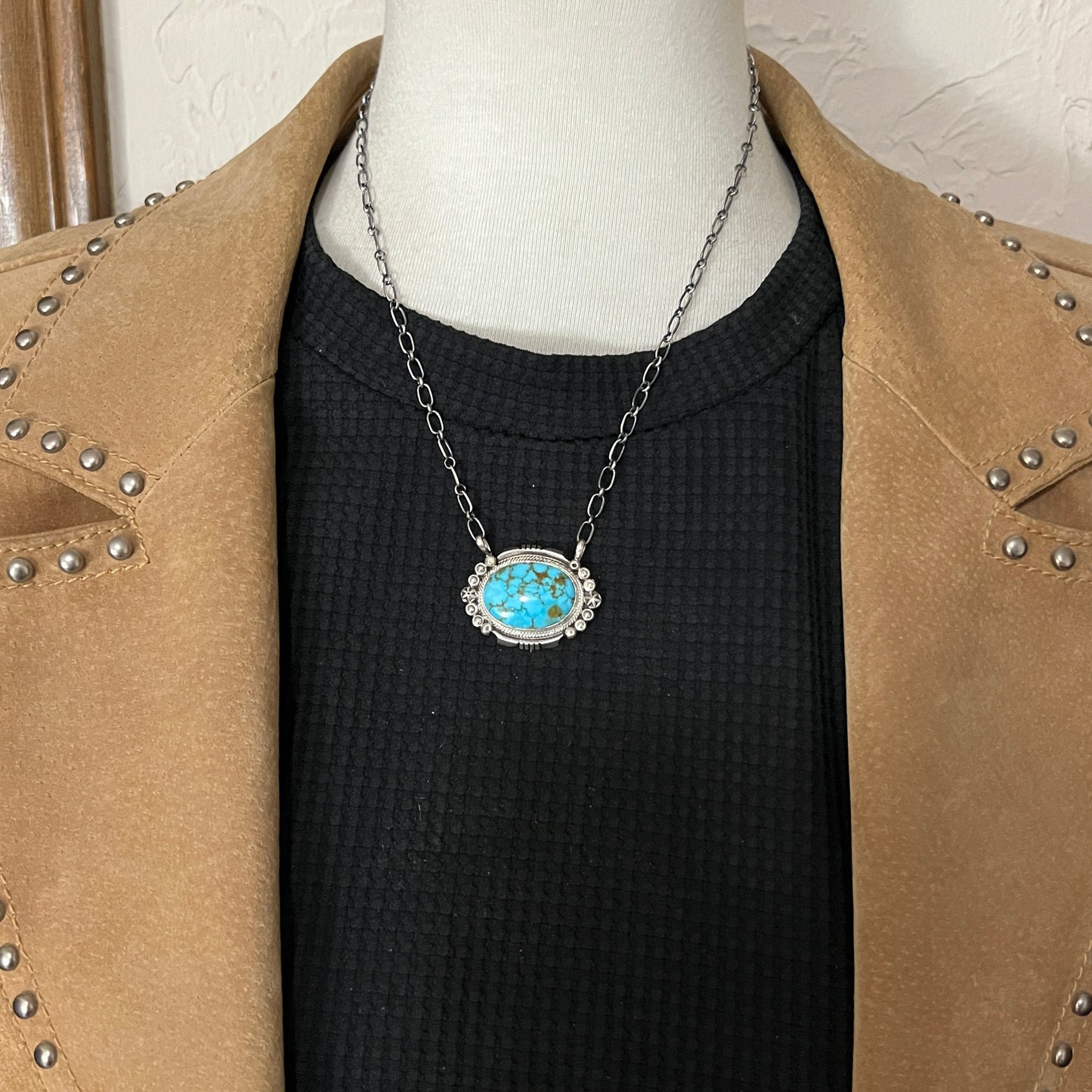 18" Kingman Spiderweb Turquoise Necklace Sterling silver Navajo Daniel Benally 607