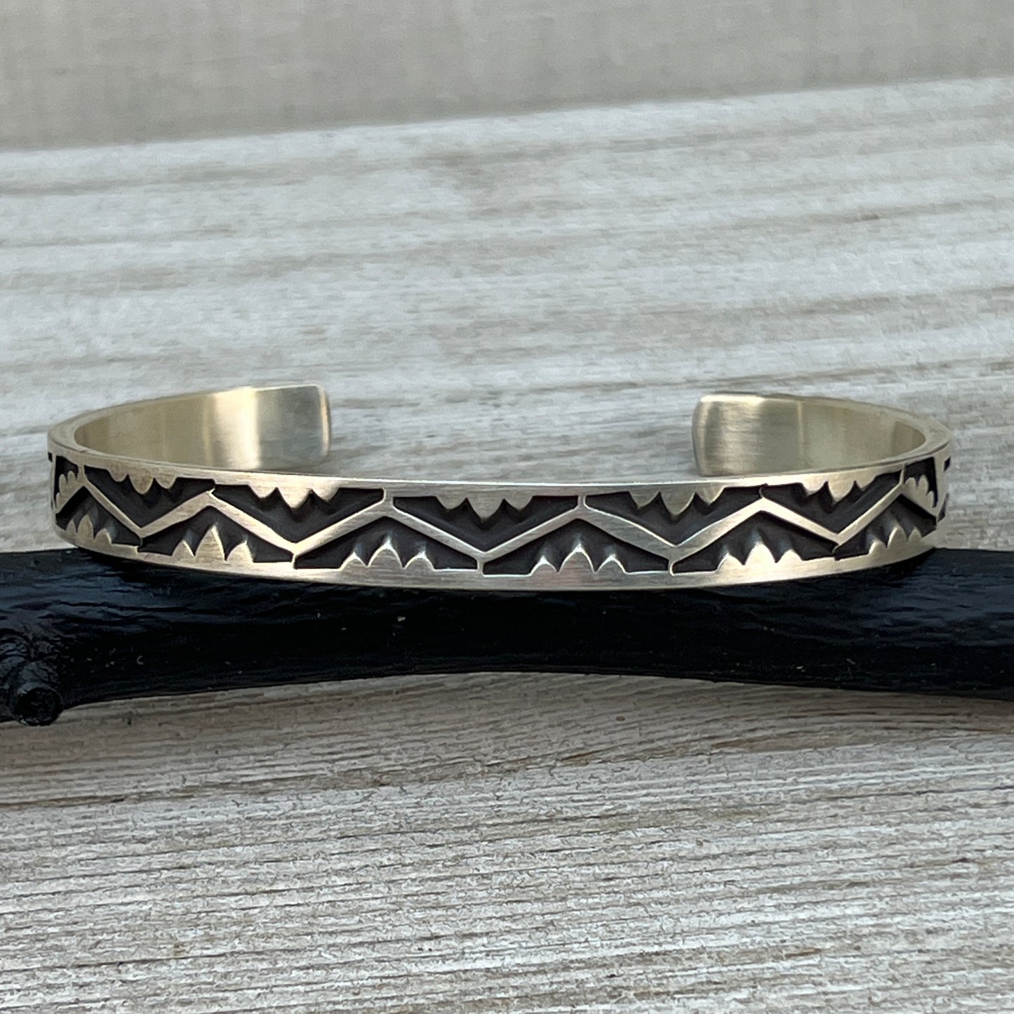 7.25" Sterling silver narrow deep stamped Cuff Bracelet Navajo Jerrold Tahe men's boho