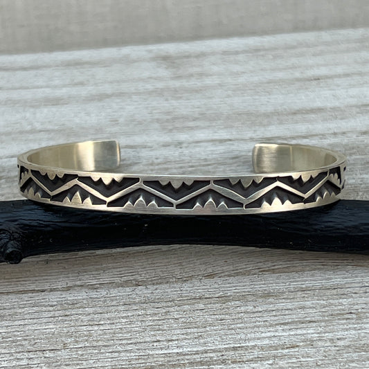 7.25" Sterling silver narrow deep stamped Cuff Bracelet Navajo Jerrold Tahe men's boho