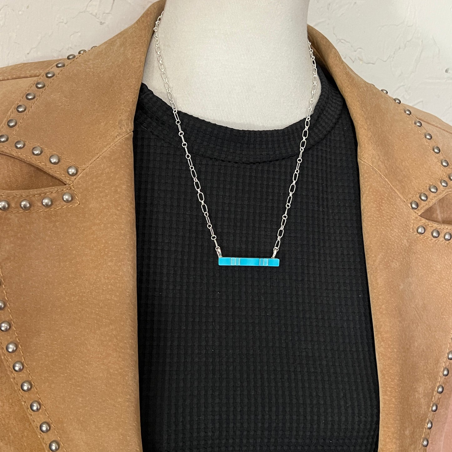 20"Blue Kingman Turquoise Bar Necklace Zuni MaDerral Kallestewa sterling silver 2