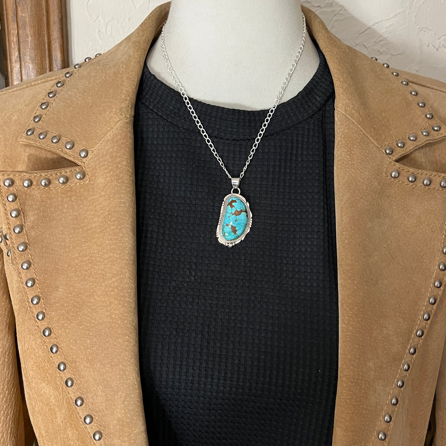 18" Sterling silver #8 Spiderweb turquoise necklace pendant Lucy Valencia Navajo 623