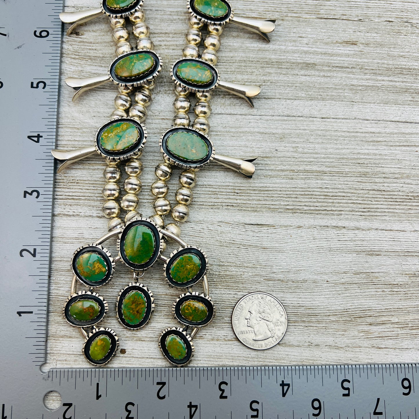 Vintage King's Manassa Turquoise 30" squash blossom necklace Sterling silver.