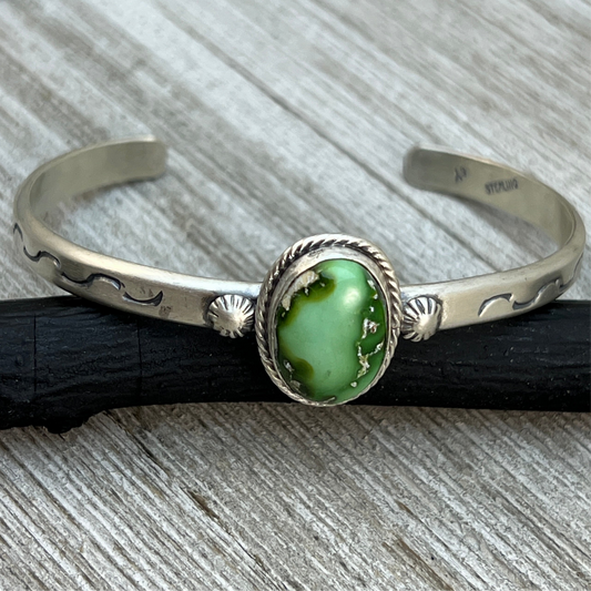 6.75" Green Sonoran Gold turquoise Cuff Bracelet, Sterling Silver Navajo Samuel Yellowhair