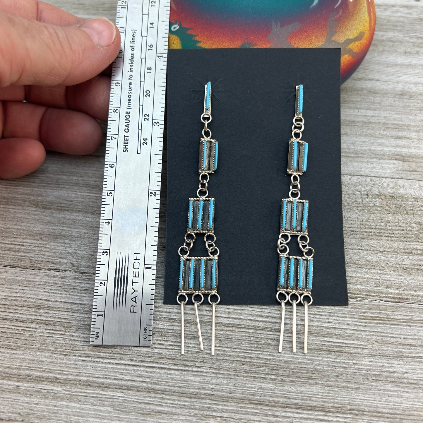 Zuni Needlepoint Turquoise Chandelier long Earrings, Sterling Silver, Ashley Laate