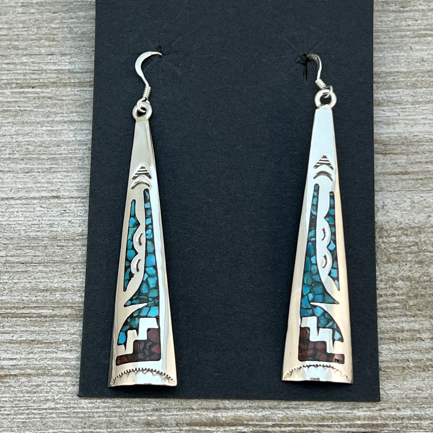 Turquoise coral chip inlay long earrings Navajo handmade signed Jolene Yazzie 2