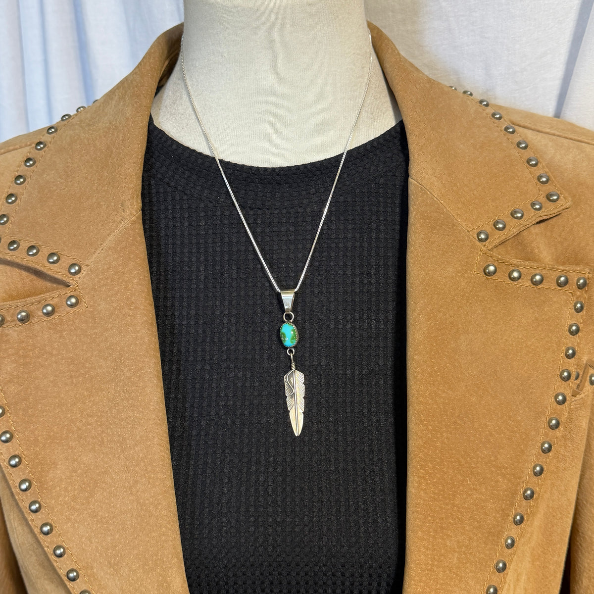 Sonoran Gold Turquoise sterling silver Feather Pendant Chris Charley Navajo PD3