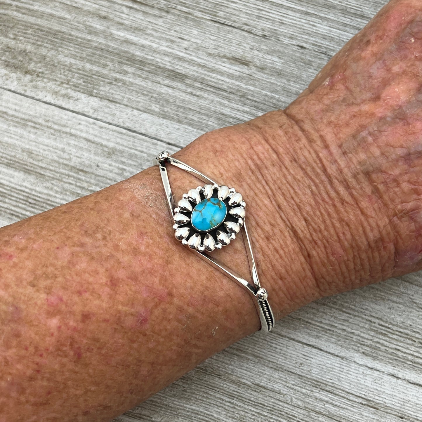 6 1/2" Stamped Navajo sterling silver turquoise cuff bracelet BR60
