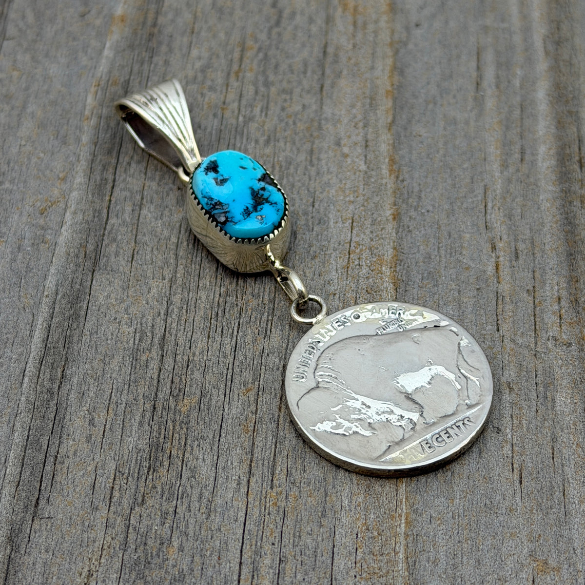 Buffalo nickel coin turquoise pendant Sharon McCarthy Navajo PD2