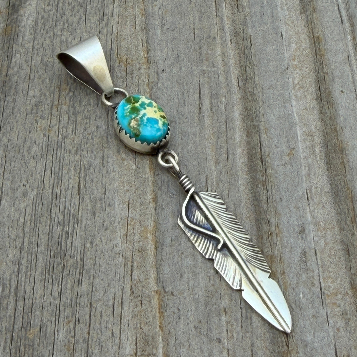 Sonoran Gold Turquoise sterling silver Feather Pendant Chris Charley Navajo PD4