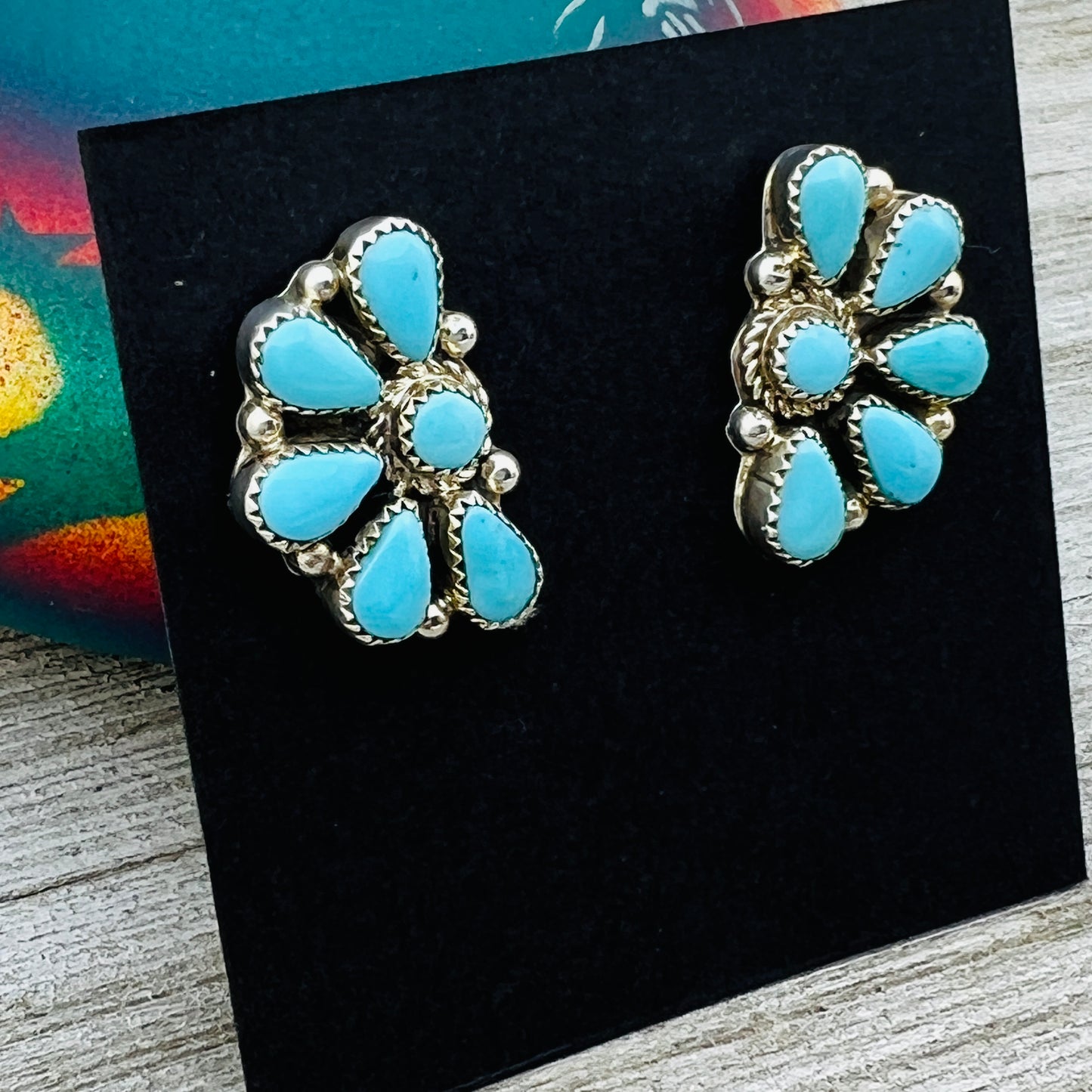 Clear Light Blue Kingman turquoise Half Cluster earrings Alicia Wilson Zuni signed 875