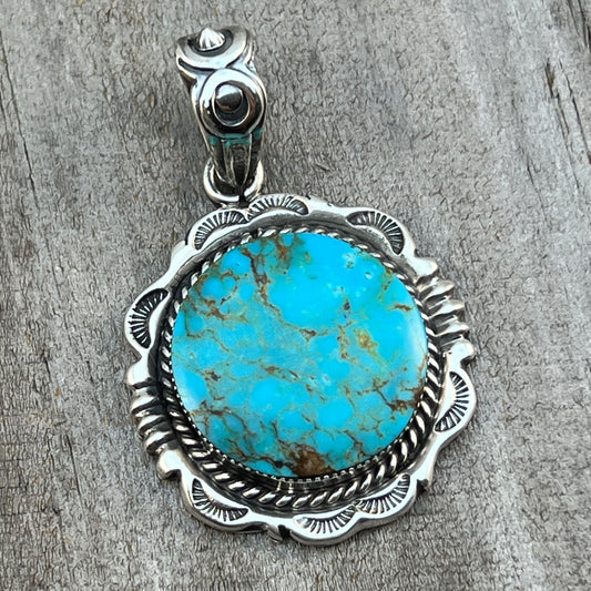 Kingman Turquoise Pendant Sterling silver Navajo handmade Jeremy Delgarito 556