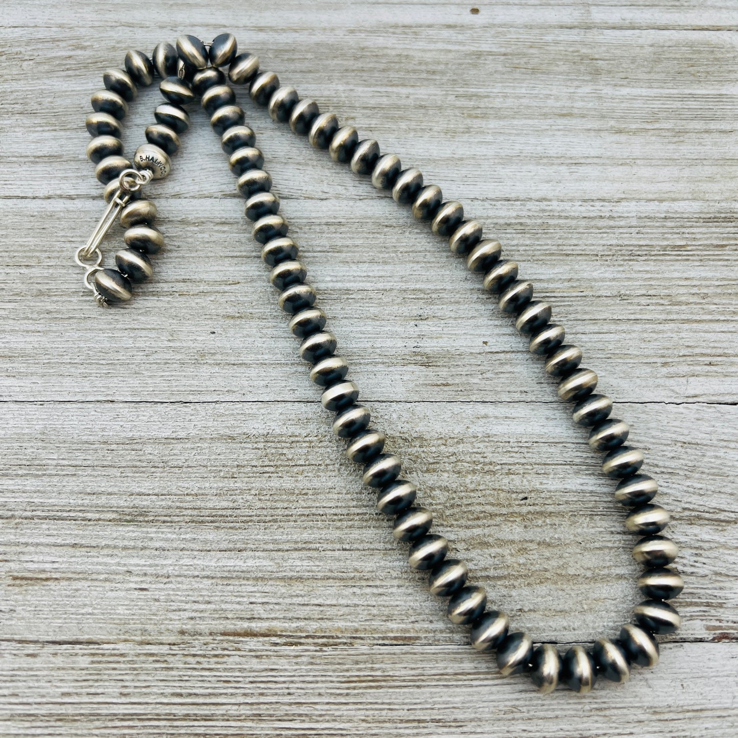 20" Sterling silver Navajo handmade 7mm oval bead Pearl necklace Bryannen Halwood 705