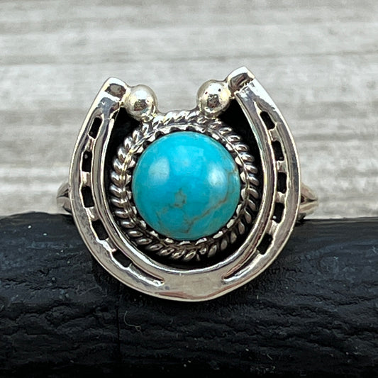 Size 8 Campitos Turquoise sterling silver horseshoe ring western equestrian jewelry Rodeo
