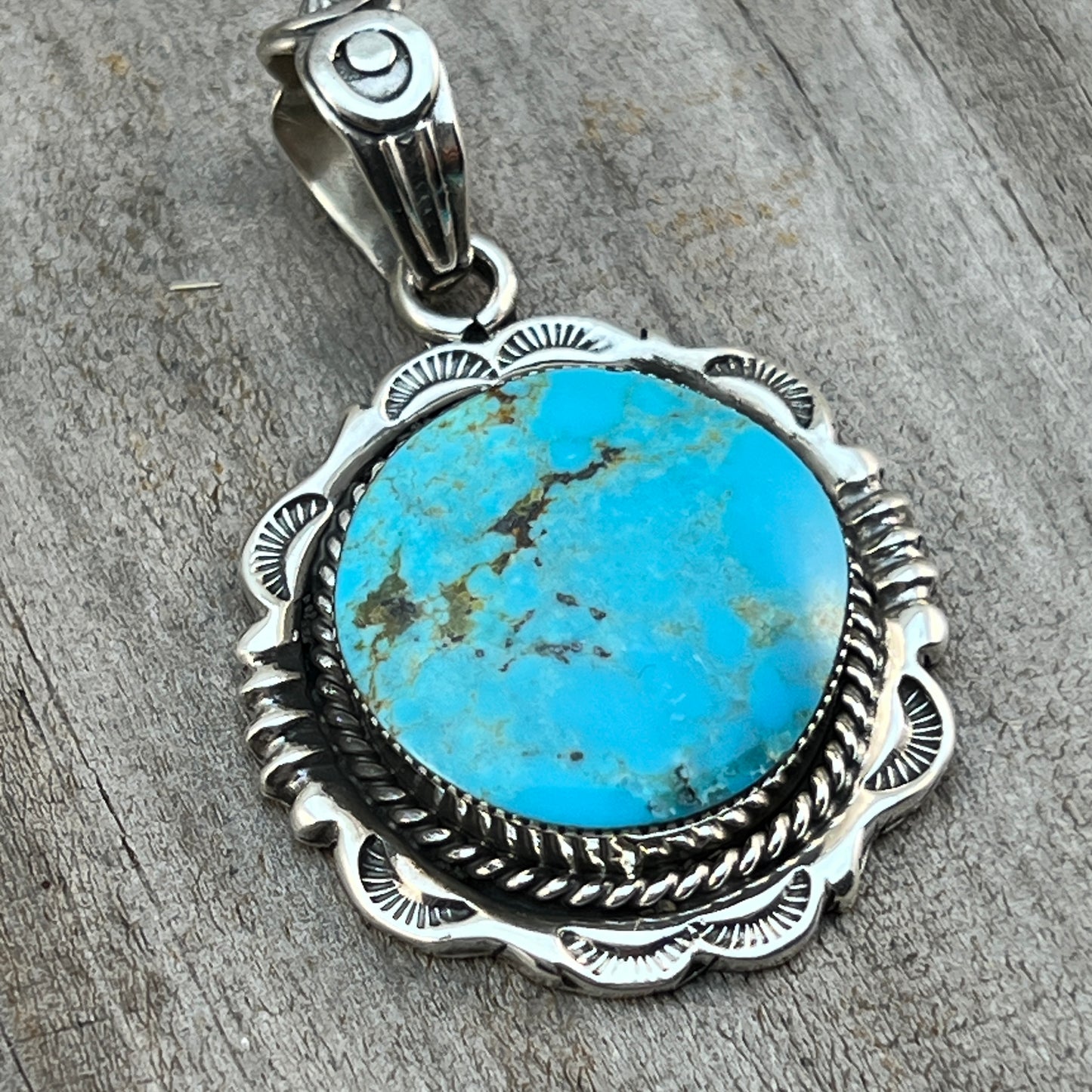 Kingman Turquoise Pendant Sterling silver Navajo handmade Jeremy Delgarito 551