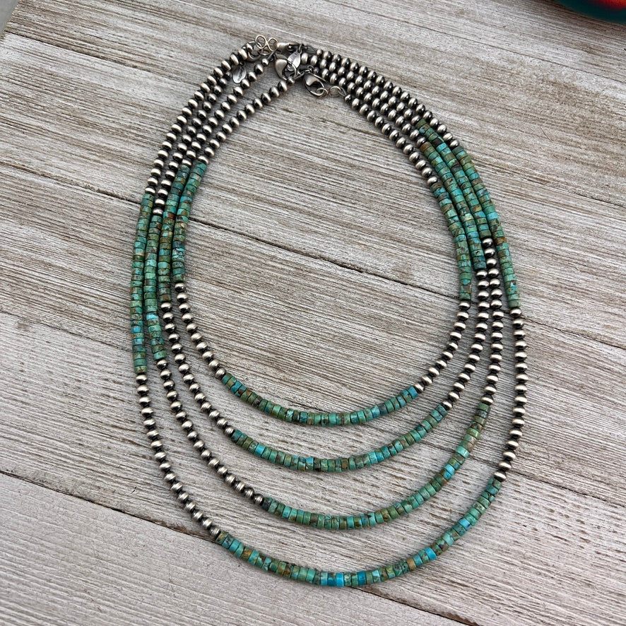 4mm Kingman Turquoise Heishi Necklace with Sterling silver Oxidized Pearls, Southwest Western Jewelry