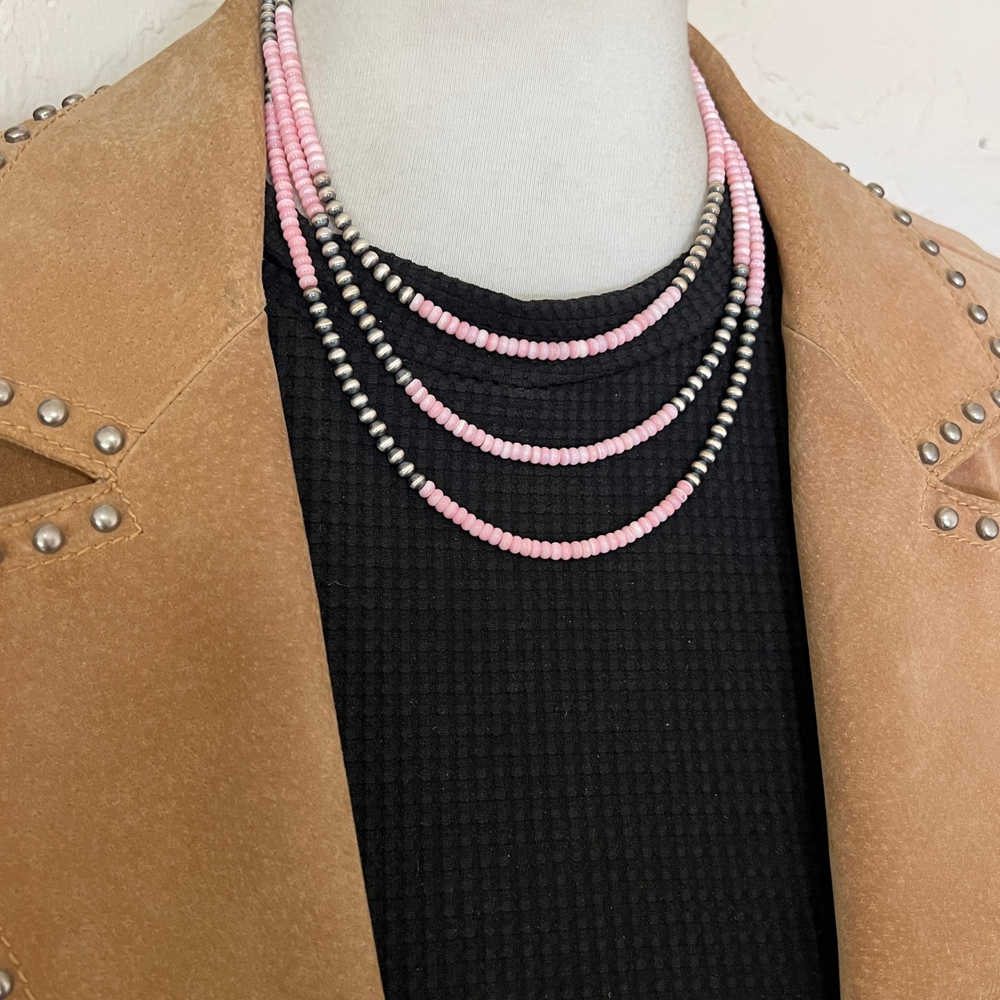 Real 925 sterling silver 4mm Pink Conch Necklace Oxidized Pearl Western BOHO Jewelry