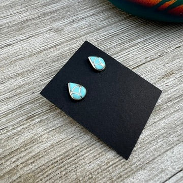 Small teardop real turquoise stud earrings, fish scale, Zuni handmade, sterling silver, Thurza Leekya