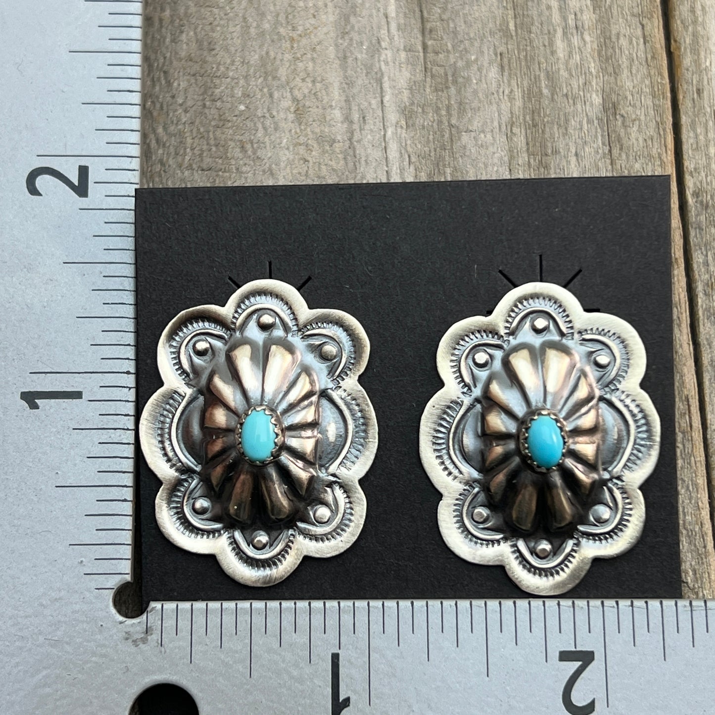 Turquoise stamped concho earrings sterling silver Lavina Benally Navajo 712