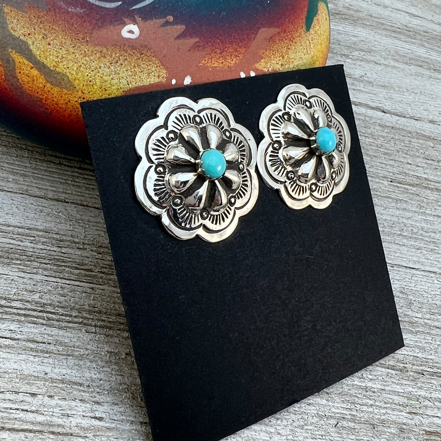 Stamped Concho Stud Earrings with turquoise, Navajo handmade Jennie Blackgoat,