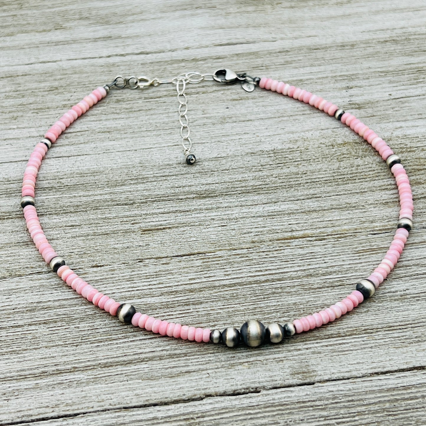 13" 14" 15" 16" 17" adjustable choker, Real Sterling Silver, oxidized, Pink Conch Bead Necklace, Western Boho Pearl