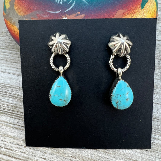 Turquoise teardrop dangle earrings #2, with small concho button post, sterling silver, Kingman Turquoise, Navajo handmade by Sheena Jack