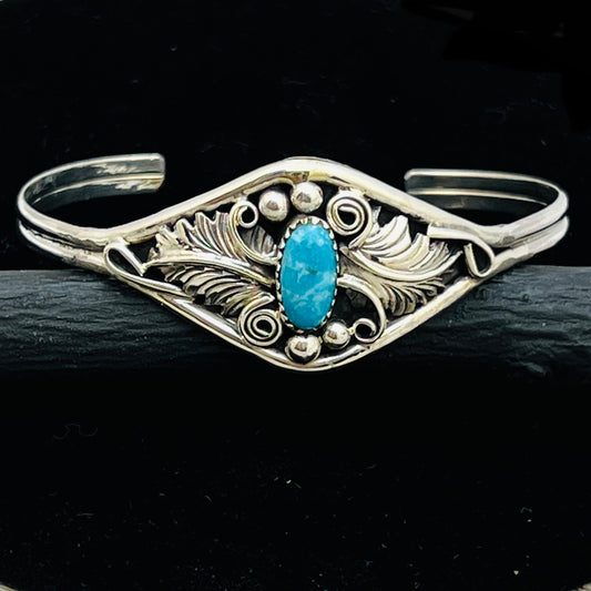 6 1/2" Stamped Navajo sterling silver Turquoise cuff bracelet Harry Yazzie BR67