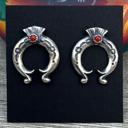Red Mediterranean Coral Naja stud Earrings Navajo Adrienne Gordan Sterling Silver 2
